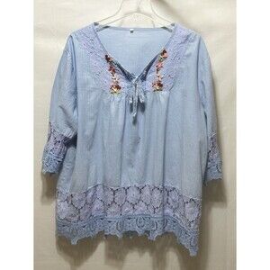 Unbranded Womens 5X Lace Embroidered Blue Top